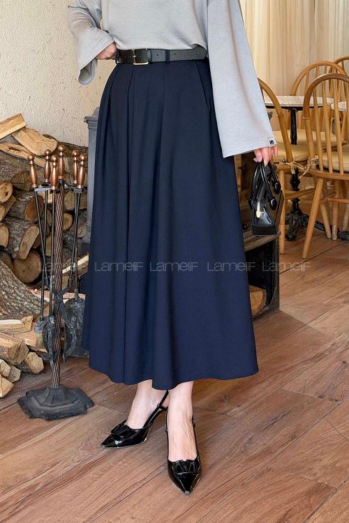 Lamelif Poliviskon Kemerli Etek Lacivert