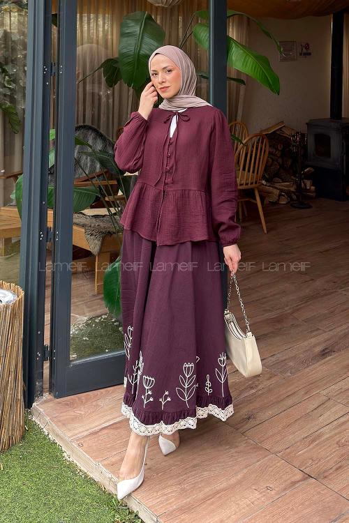 Lamelif V Yaka Kolları Lastikli Müslin Tesettür Gömlek Mürdüm