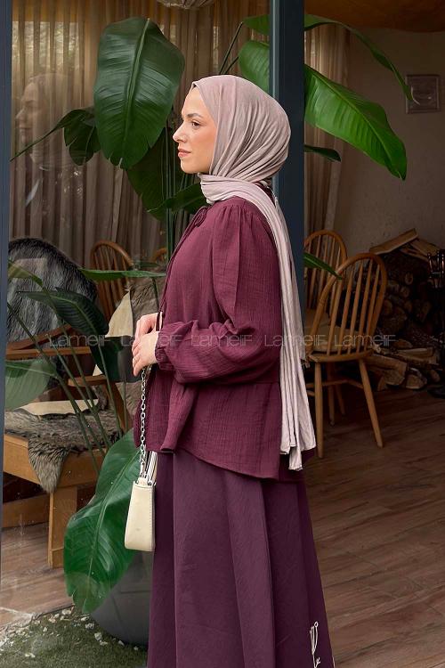 Lamelif V Yaka Kolları Lastikli Müslin Tesettür Gömlek Mürdüm