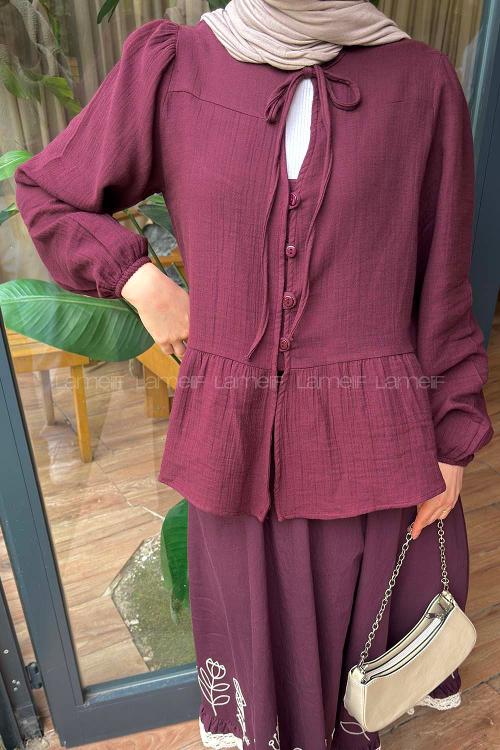 Lamelif V Yaka Kolları Lastikli Müslin Tesettür Gömlek Mürdüm