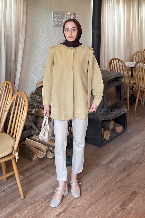 Vatka Detaylı Tesettür Gömlek Bej