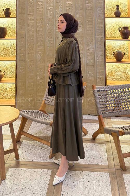 Lamelif Bağlama Detaylı Desenli Tesettür Takım Koyu Yeşil