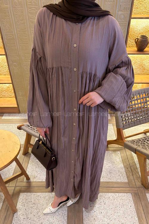 Lamelif Balon Kol Uzun Tesettür Elbise Soft Kahve