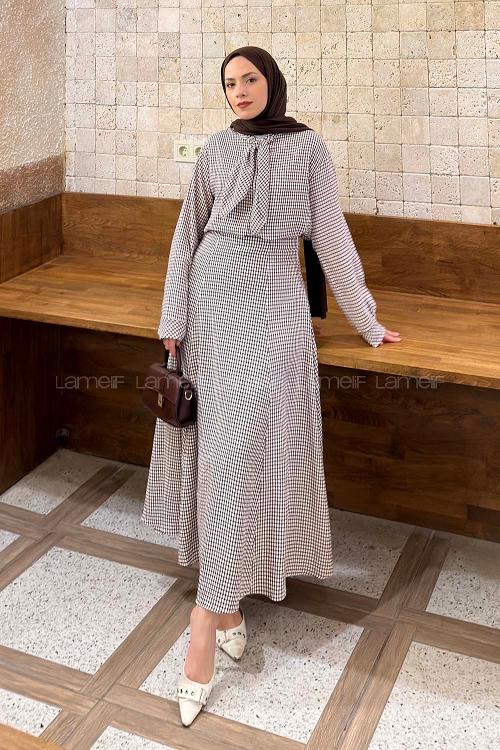 Plum Foulard Neck Long Arm Cotton Flared Skirt Suit