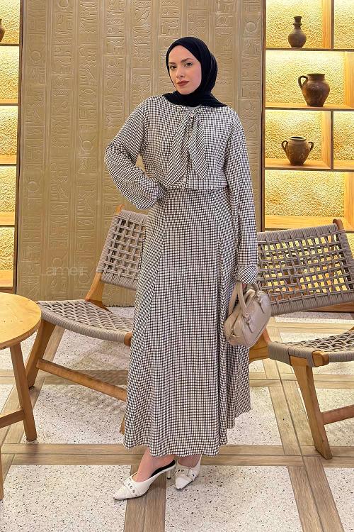 Lamelif Ekose Desen Kravat Yaka Takım Siyah