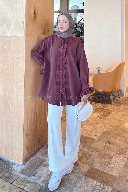 Lamelif Flores Fırfırlı Tunik Mürdüm