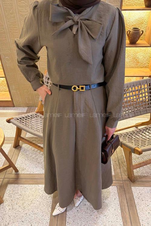 Mink Foulard Neck Long Arm Cotton Flared Skirt Suit