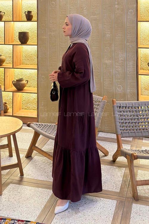 Lamelif Ön Yarım Düğme Detaylı Müslin Kumaş Tesettür Elbise Bordo
