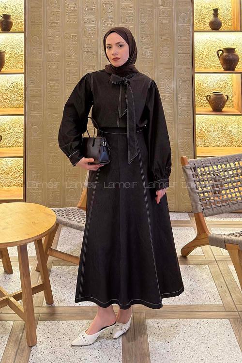 Lamelif Yakası Kuşaklı Kot Takım Koyu Kahve