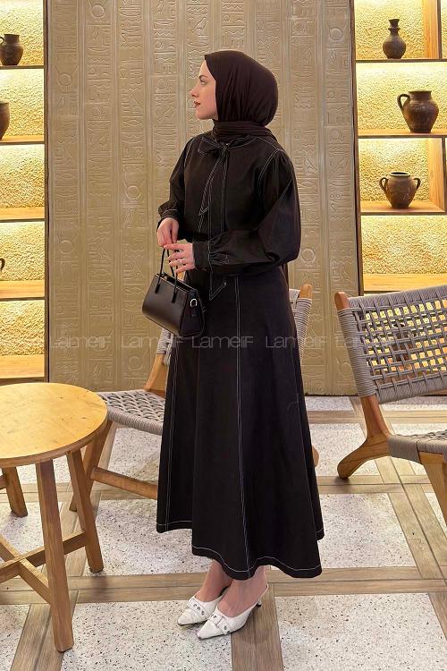 Lamelif Yakası Kuşaklı Kot Takım Koyu Kahve