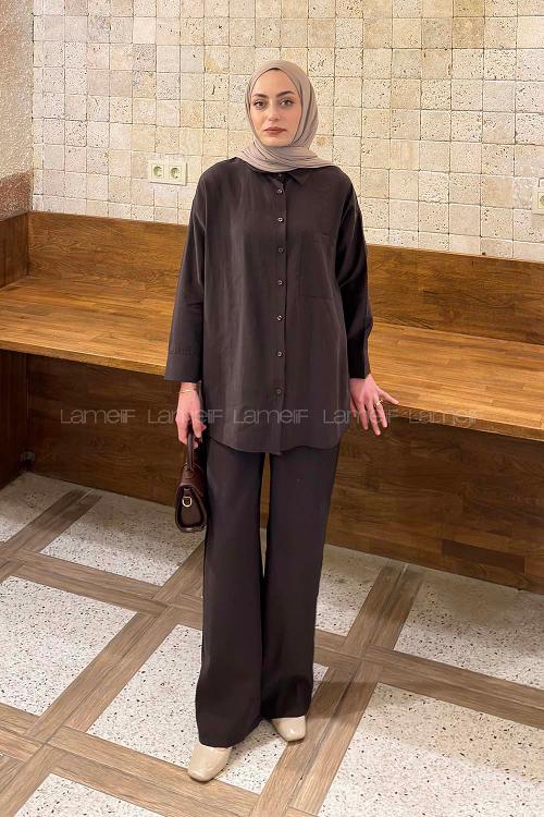 Lamelif Tensel Cep Detaylı Takım Acı Kahve
