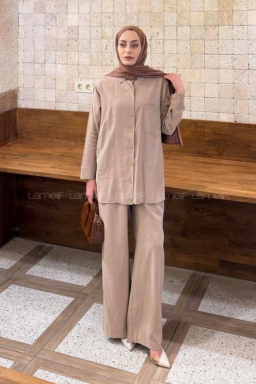Lamelif Tensel Cep Detaylı Takım Soft Kahve