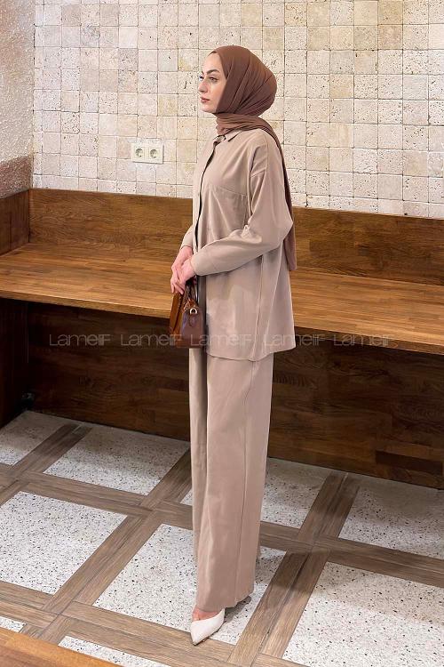 Lamelif Tensel Cep Detaylı Takım Soft Kahve