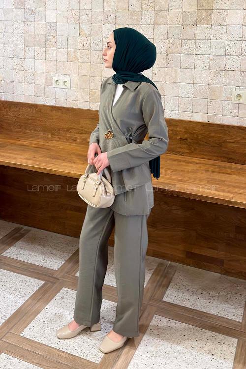 Lamelif Toka Detaylı Pantolonlu İkili Takım Haki