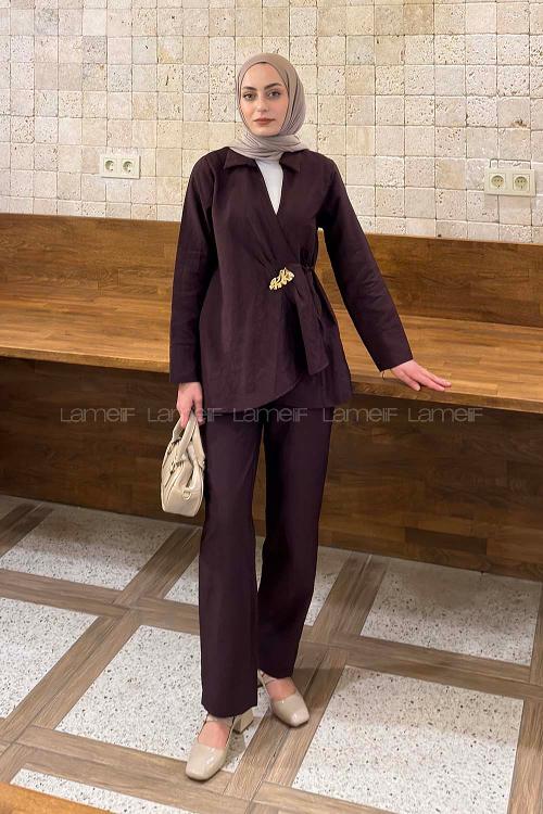 Lamelif Toka Detaylı Pantolonlu İkili Takım Mürdüm