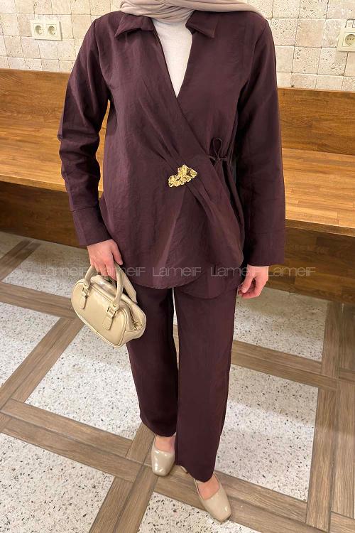 Lamelif Toka Detaylı Pantolonlu İkili Takım Mürdüm