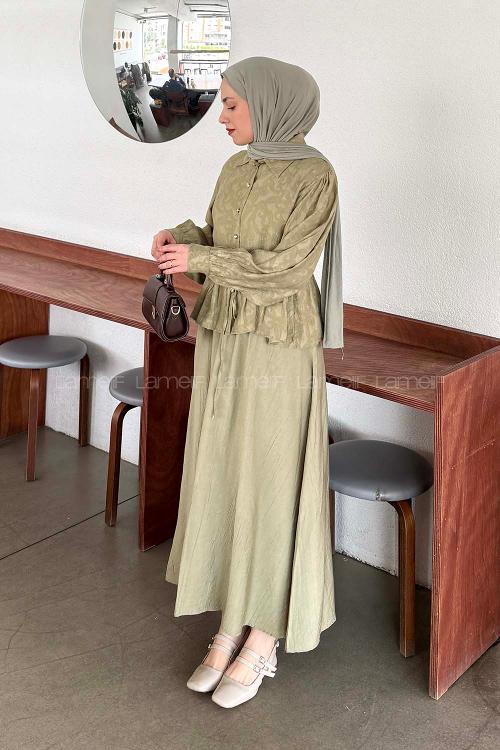Lamelif Bağlama Detaylı Desenli Tesettür Takım Çağla Yeşili