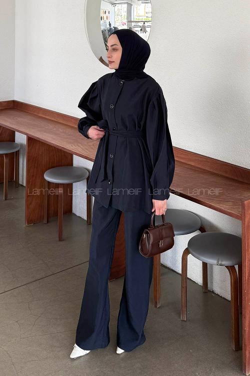 Lamelif Bağlama Detaylı Düğmeli Takım Lacivert