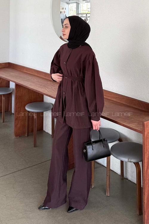 Plum Crew Neck Long Arm Linen Regular Trousers Comfortable Suit