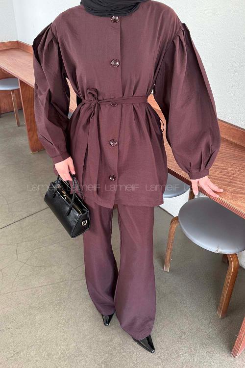 Plum Crew Neck Long Arm Linen Regular Trousers Comfortable Suit