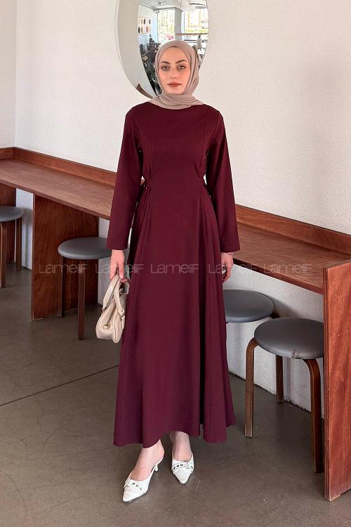 Lamelif Bel Kemer Detaylı Tesettür Elbise Mürdüm