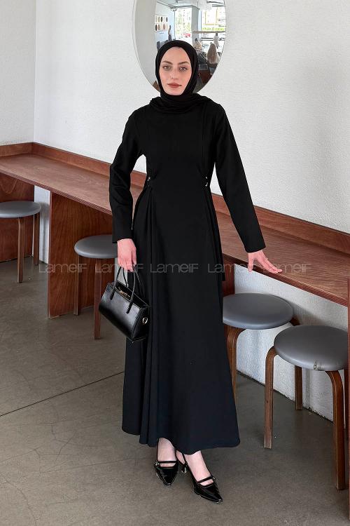 Lamelif Bel Kemer Detaylı Tesettür Elbise Siyah