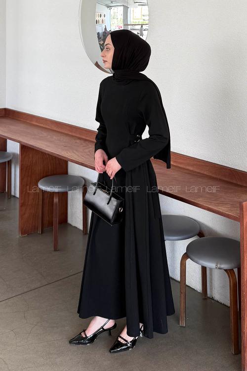 Lamelif Bel Kemer Detaylı Tesettür Elbise Siyah