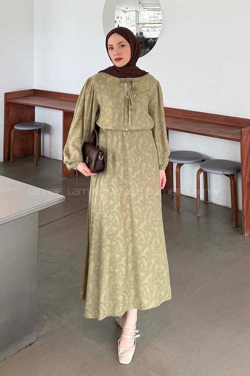 Lamelif Desenli Bağlama Detaylı Etekli Takım Haki