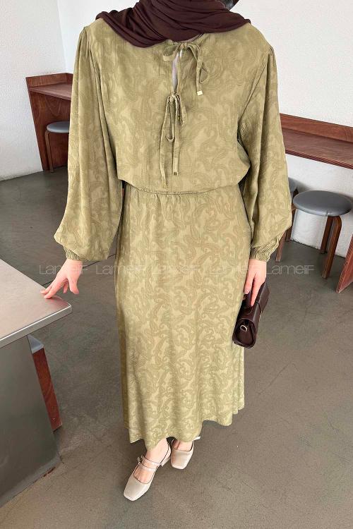 Lamelif Desenli Bağlama Detaylı Etekli Takım Haki