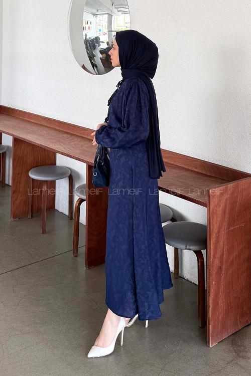 Lamelif Desenli Bağlama Detaylı Etekli Takım Lacivert