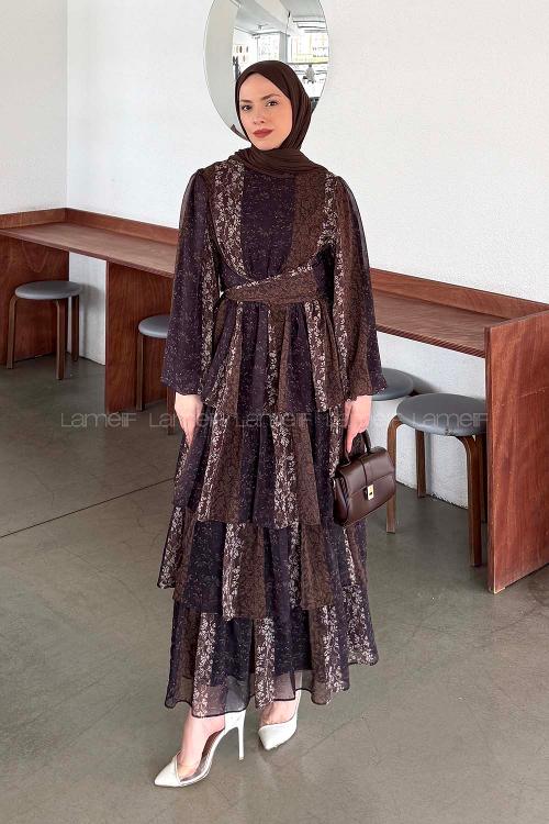 Lamelif Etnik Desen Katlı Elbise Acı Kahve