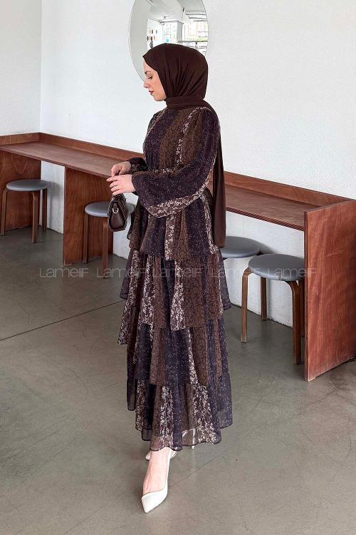 Lamelif Etnik Desen Katlı Elbise Acı Kahve