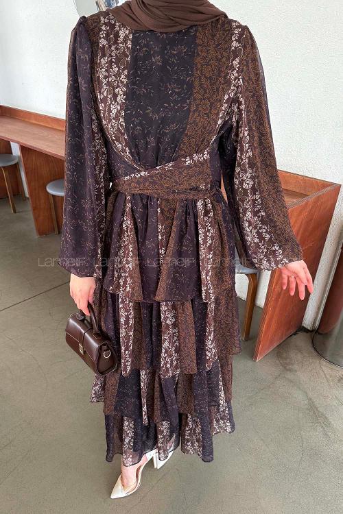 Lamelif Etnik Desen Katlı Elbise Acı Kahve