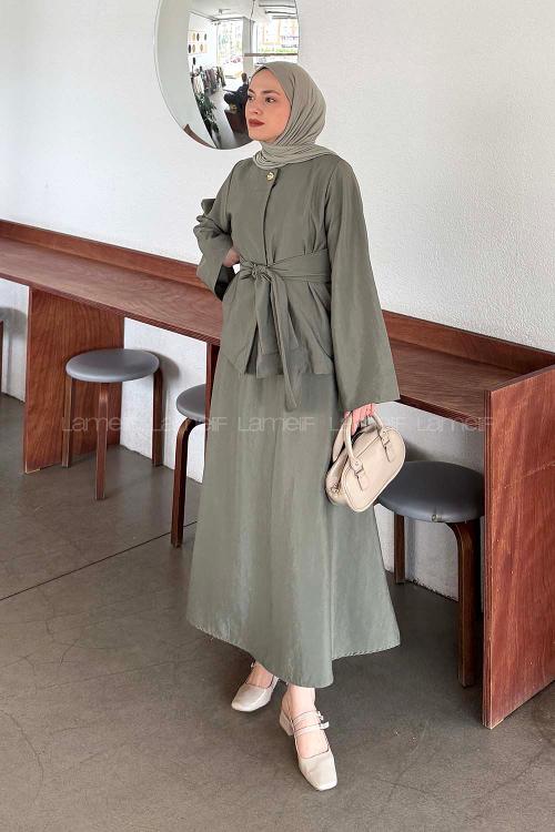 Lamelif Gold Düğmeli Etekli Takım Haki