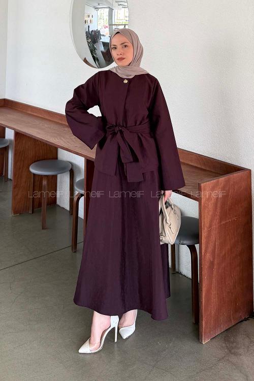 Lamelif Gold Düğmeli Etekli Takım Mürdüm