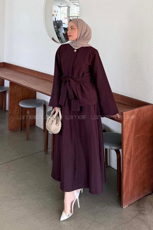 Lamelif Gold Düğmeli Etekli Takım Mürdüm