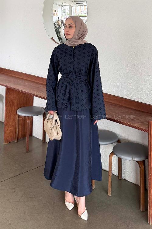 Lamelif Kabartma Nakış İşlemeli Takım Lacivert