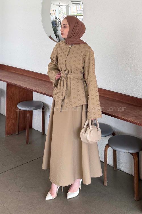 Lamelif Kabartma Nakış İşlemeli Takım Sütlü Kahve