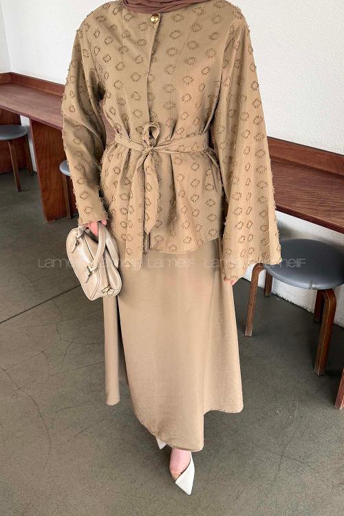 Lamelif Kabartma Nakış İşlemeli Takım Sütlü Kahve