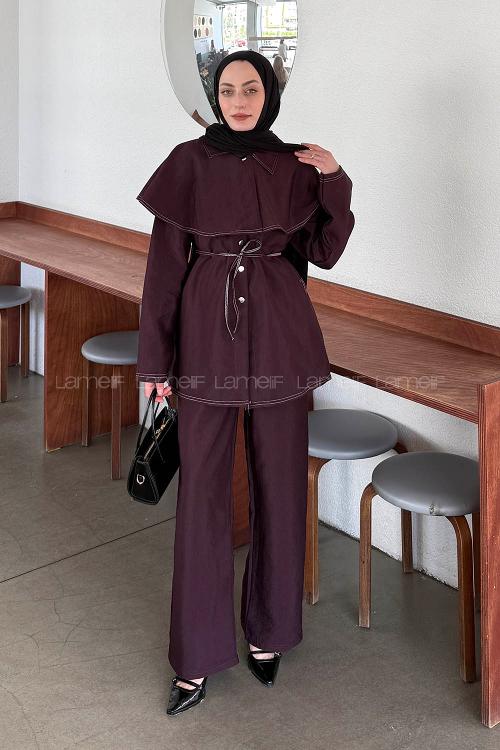 Lamelif Pelerin Detaylı Kontrast Dikişli Takım Mürdüm