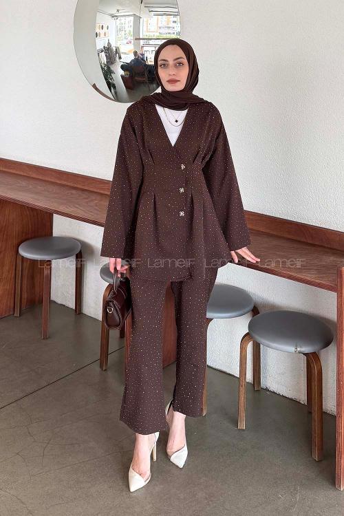 Lamelif Taş Detaylı Belden Oturtmalı Pantolonlu Takım Acı Kahve