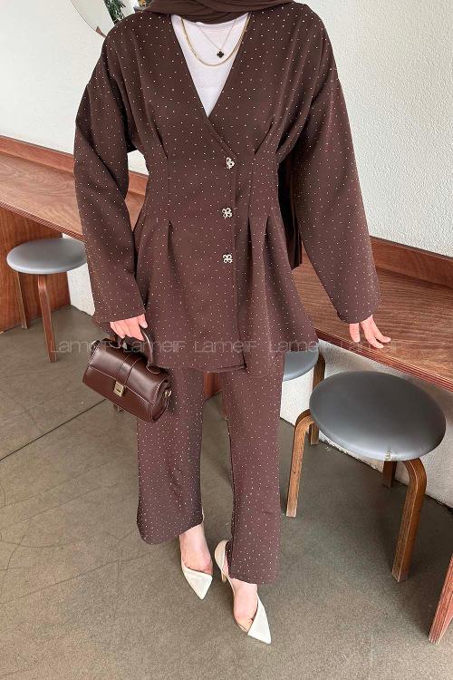 Lamelif Taş Detaylı Belden Oturtmalı Pantolonlu Takım Acı Kahve