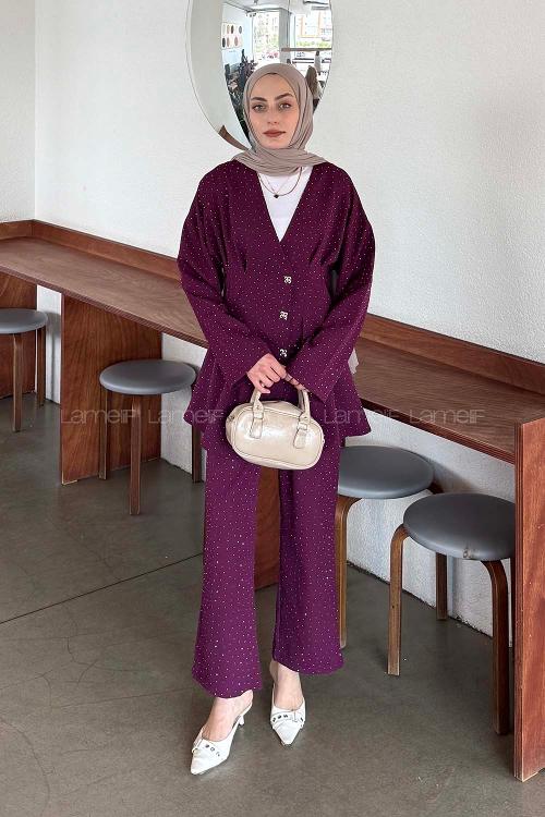 Eggplant Purple V Neck Long Arm Cotton Regular Trousers Comfortable Suit