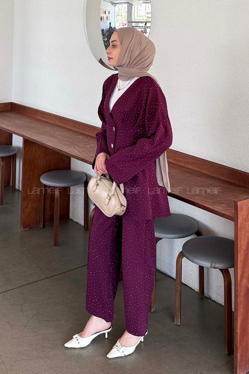 Eggplant Purple V Neck Long Arm Cotton Regular Trousers Comfortable Suit