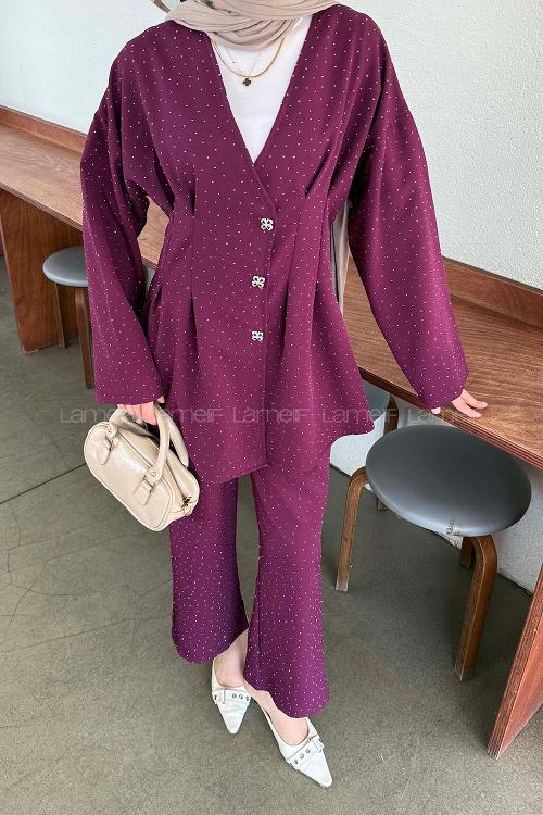 Eggplant Purple V Neck Long Arm Cotton Regular Trousers Comfortable Suit