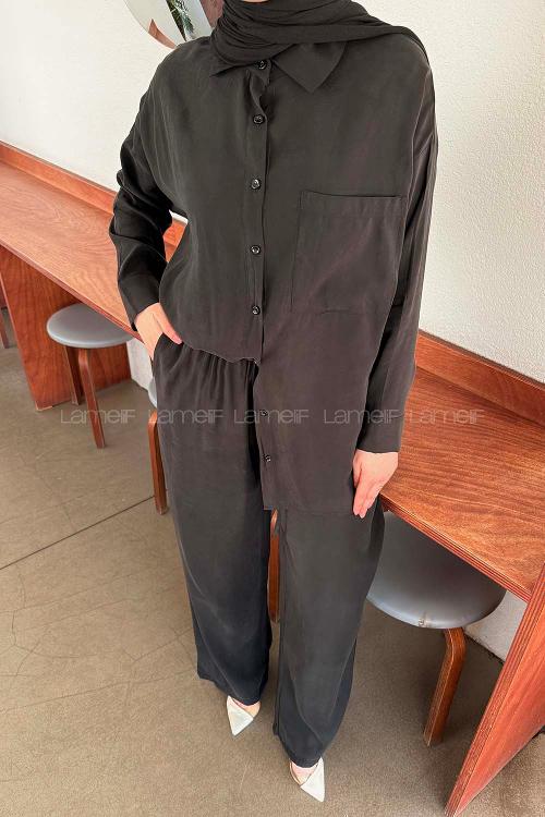 Lamelif Tensel Cep Detaylı Takım Siyah