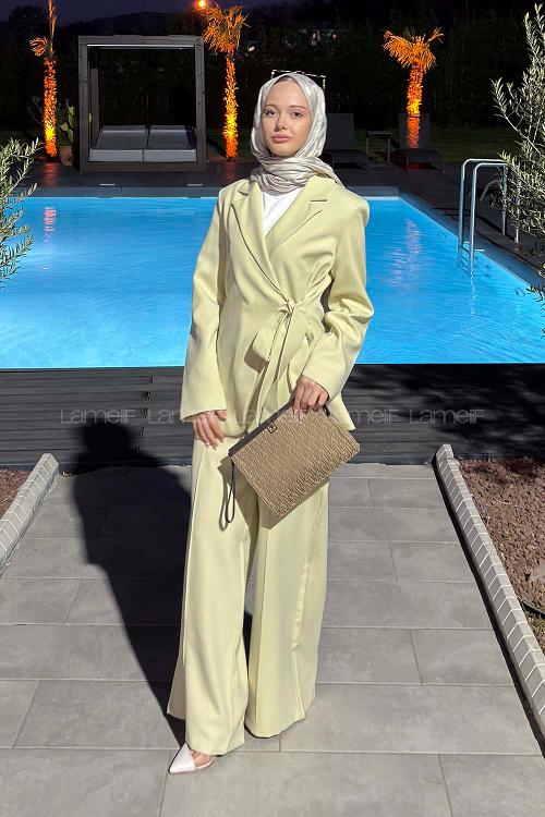 Lamelif Bağlama Detaylı Kruvaze Kapama Pantolonlu Takım Mint Yeşili