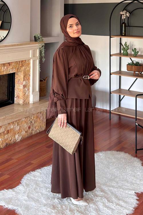 Lamelif Büzgü Detaylı Kemerli Etekli Takım Acı Kahve