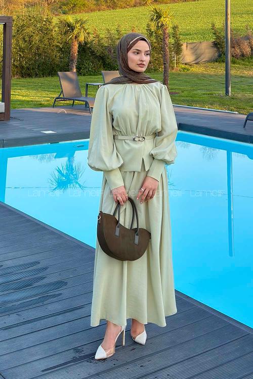 Lamelif Büzgü Detaylı Kemerli Etekli Takım Mint Yeşili