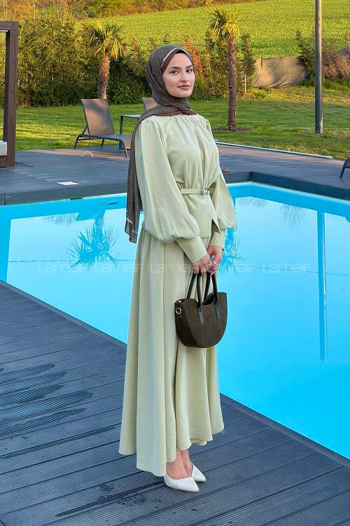 Lamelif Büzgü Detaylı Kemerli Etekli Takım Mint Yeşili